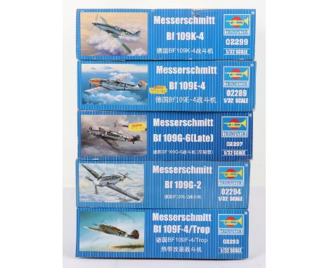 Five Trumpeter 1:32 scale Messerschmitt Fighter Aircraft model kits, Bf 109F-4/Trop, Bf 109G-2, Bf 109G-6 (Late), Bf 109E-4 w