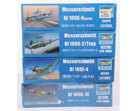 Four Trumpeter 1:32 scale Messerschmitt Fighter Aircraft model kits, Bf 109G-10 sealed box, Bf 109F-4 with extra parts, Bf 10