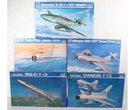 Five Trumpeter 1:32 scale Fighter Jets model kits, Messerschmitt Me 262 A-1a Heavy Armament, MiG-21 F-13, Mikoyab MIG-17PF ‘F