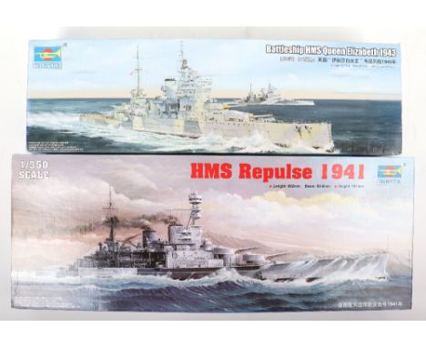 Two Trumpeter 1:350 scale British Battleship model kits, HMS REPULSE 1941 with sealed detail up parts, HMS QUEEN ELIZABETH 19