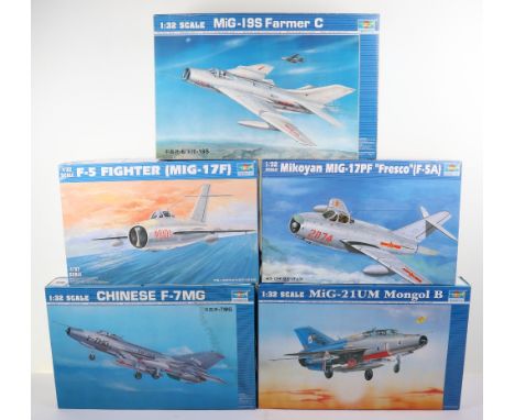 Five Trumpeter 1:32 scale Fighter Jets model kits, Shenyang F-6 MiG-19S Farmer C with extra parts, MiG-21UM Mongol B with ext