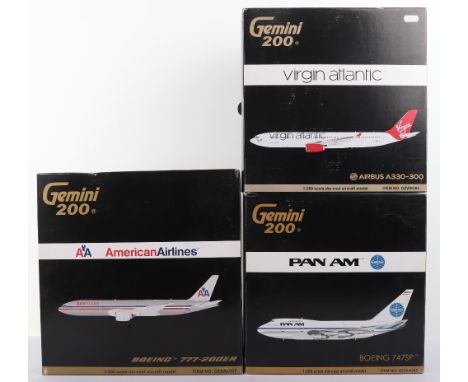 Three Gemini 1:200 scale Diecast model Passenger Planes, Boeing 777-200ER American Airlines, Airbuss A330-300 Virgin Atlantic