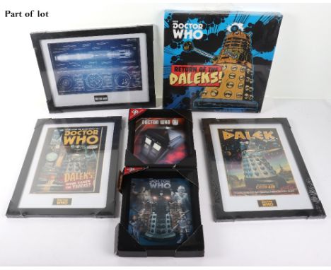 Quantity of Doctor who related prints and pictures, including, two A4 sized 3D pictures, dalek canvas print,9 printed picture