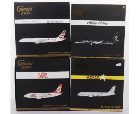 Four Gemini 1:200 scale Diecast model Passenger Planes, Boeing 737-800 Alaska Airlines, Boeing 757-200 Open Skies from Britis