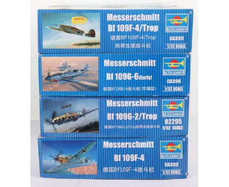 Four Trumpeter 1:32 scale Messerschmitt Fighter Aircraft model kits, Bf 109F-4 with extra parts, Bf 109G-2/Trop with extra pa