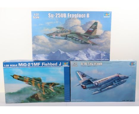 Three Trumpeter 1:32 scale Fighter Jets model kits, Su-25UB Russian Frogfoot B with extra detail up parts, Iraqi Air Force Mi