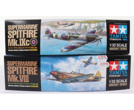 Two Tamiya 1:32 scale Supermarine Spitfire model kits, Spitfire Mk.VIII with additional parts, detail up parts and How to Bui