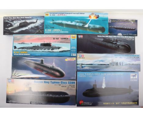 Nine 1:350 scale Submarine model kits, Bronco HMS ‘Vanguard’ S-28 SSBN submarine, German long range submarine U-IXB, sealed S