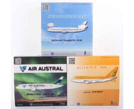 Three Inflight 1:200 scale Diecast model Passenger Planes, Boeing 787-8 Air Austral, Boeing 747SP Alliance Air, McDonnell Dou