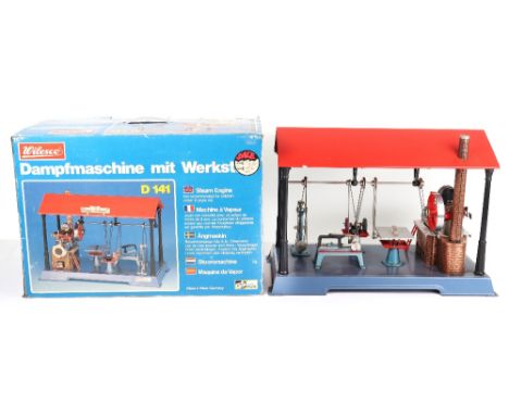 Boxed Wilesco D141 live steam Workshop, horizontal steam engine with pressure gauge, single cylinder and brick effect chimney