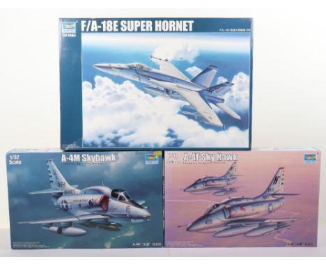 Three Trumpeter 1:32 scale Fighter Jets model kits, F/A-18E Super Hornet VFA-31 ‘Tomcatters’, A-4M USS Marines Skyhawk, A-4F 