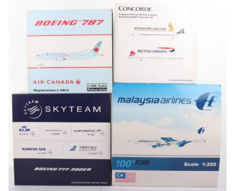 Four 1:200 scale Diecast model Passenger Planes, Airbus 100th A380-841 Malaysia Airlines, Skyteam Boeing 777-300ER Aeroflot, 