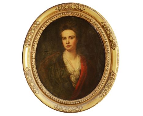 CIRCLE OF SIR GODFREY KNELLER (1646-1723) Half length portrait of a lady with brown hair wearing a green dress with tied silk