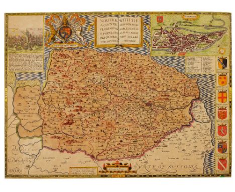 JOHN SPEED 'Norfolk', engraving with inset aerial plan of Norwich, Royal Crest and Coat of Arms, Sudbury &amp; Humble, hand-c
