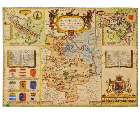 JOHN SPEED 'Huntington', engraving with inset aerial plans of 'Huntington' and 'Ely', Royal Crest and Coat of Arms, George Hu