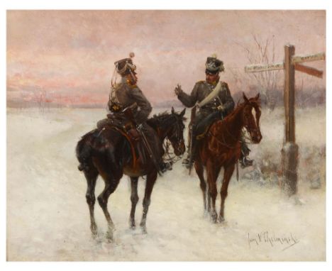 JAN VAN CHELMINSKI (1851-1925) Cavalry officers in the snow by a signpost at sunset, signed, oil on panel, 21.5 x 26.5cm