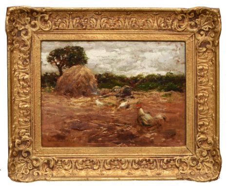 WILLEM MARIS (1844-1910) Ploughed field with chickens, signed, oil on panel, 23 x 31cm