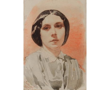 CHARLES KEENE (1823-1891) Portrait of a young woman dated June 16 1857, pencil and watercolour, 12 x 8.5cm With a pencil sket