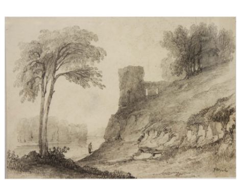 JAMES POOLE (1804-1886) Landscape with figure, signed, pencil drawing, 17.5 x 25cm; and two 18th Century watercolours to incl