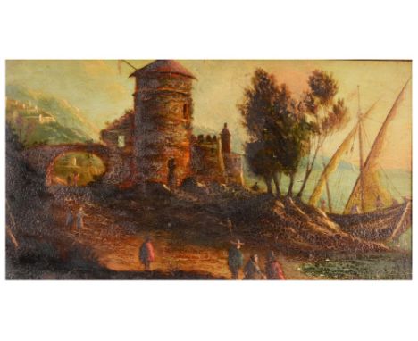 19TH CENTURY CONTINENTAL SCHOOL Figures on a coastal pathway off a tower ruins looking out to sea, oil on panel, 20 x 36.5cm