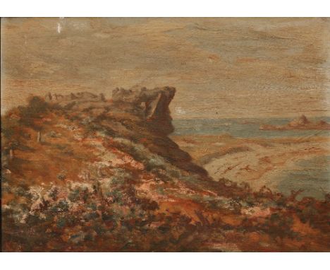 19TH CENTURY ENGLISH SCHOOL Coastal rocks with bay in the distance, indistinctly signed, oil on panel, 23 x 32cm; together wi