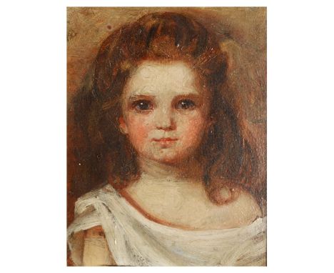 19TH CENTURY ENGLISH SCHOOL Shoulder length portrait of a young girl with long brown hair and wearing a white dress, oil on b