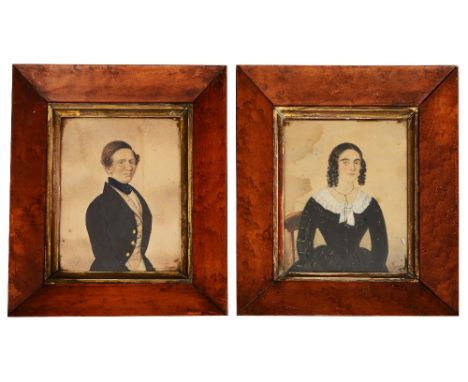 19TH CENTURY ENGLISH SCHOOL Portrait of a young lady seated in a chair, watercolour, 13 x 10cm; and companion, a pair, maple 