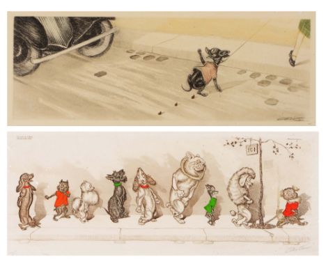 BORIS O'KLEIN (1893-1985) Caught Short, etching in colours, signed in pencil, 14.5 x 41cm; and one further similar, the latte