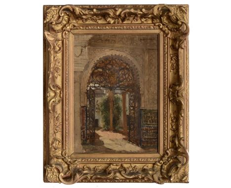 EMILE DAMERON (1848-1908) A Moorish arched entrance to a courtyard, signed, oil on panel, 31 x 22cm