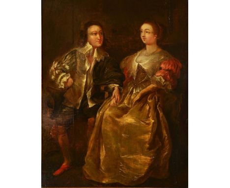 19TH CENTURY ENGLISH SCHOOL Portrait of a couple in 17th Century dress seated and with hands entwined, oil on panel, 61 x 46.