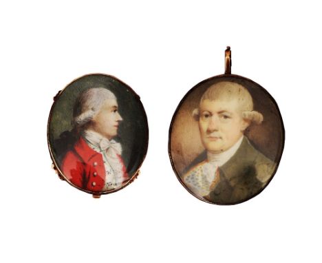 CIRCLE OF JOHN SMART (1741-1811) Head and shoulders portrait of a gentleman wearing powdered wig, green jacket and spotted cr