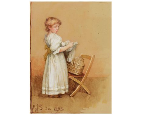 M * J * S * Portrait of a young child with doll and cot at a chair, signed and dated Jan 1893, watercolour and body-colour, 2