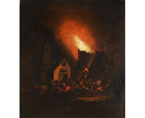 CIRCLE OF JOSEPH WRIGHT OF DERBY (1734-1797) Cottage on fire with attendant figures, oil on panel, 34.5 x 31cm * inscribed to