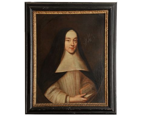 18TH CENTURY ENGLISH SCHOOL Portrait of a nun wearing headdress and falling collar holding an open book of psalms within feig