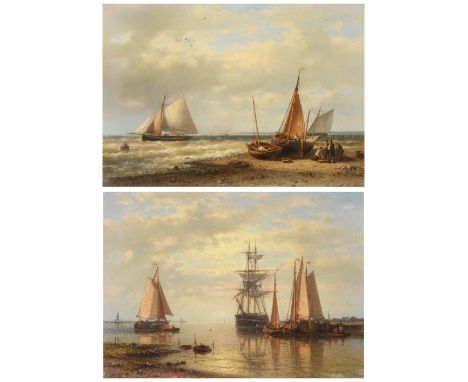 ABRAHAM HULK (1813-1897) 'Shipping in a Calm' and Fishing Folk Tending to their Boats at Low Tide', a pair, signed, oil on pa