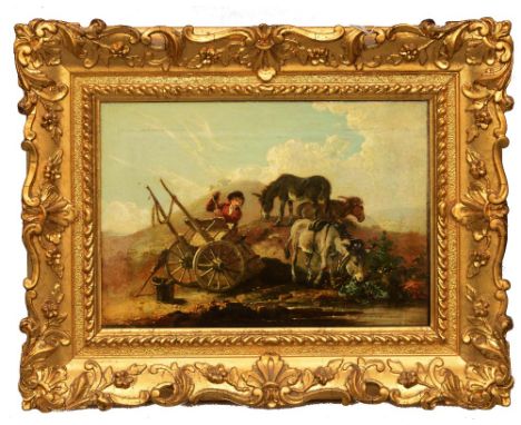 EDMUND BRISTOW (1787-1876) A farmhand with upturned cart and mules at the side of a pool, oil on panel, 16 x 23cm Prov: Purch