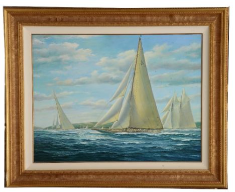 BRIAN HAYS (20TH CENTURY) Portrait of Shamrock V at sea, signed, oil on canvas, 74 x 100cm Inscribed with further details abo