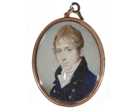 CIRCLE OF THOMAS PEAT (18TH/19TH CENTURY) A young man with buttoned blue coat and white stock, on ivory in a gold frame (unte