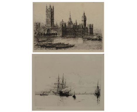 HAROLD WYLLIE (1880-1973) Shipping in an estuary, etching, pencil signed in the margin, 21 x 28cm; and W Monk - 'Westminster 