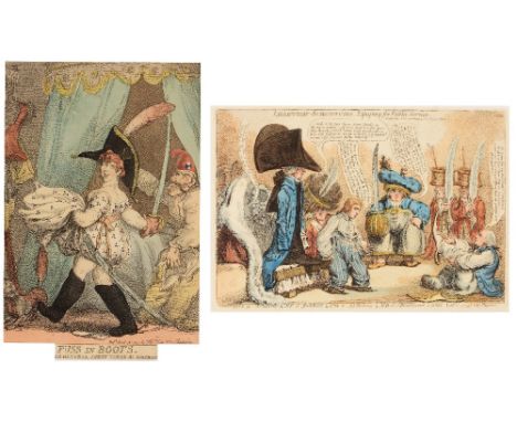 THOMAS ROWLANDSON 'Puss in Boots or General Junot taken by Surprise', etching, hand-coloured, 31 x 22cm; and James Gillray - 