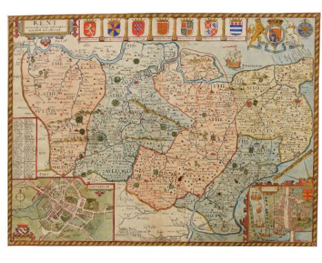 JOHN SPEED 'Kent', engraving with inset aerial plans of Canterbury and Rochester with Royal Crest and Coat of Arms to upper b