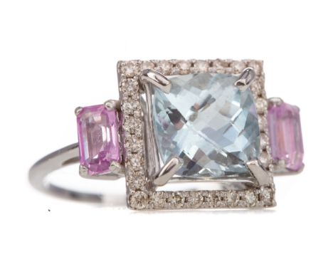 AQUAMARINE, DIAMOND AND PINK SAPPHIRE RING, set with a step cut aquamarine of approximately 2.00 carats, within a diamond hal