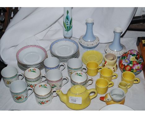 A collection of small cups and saucers with vases