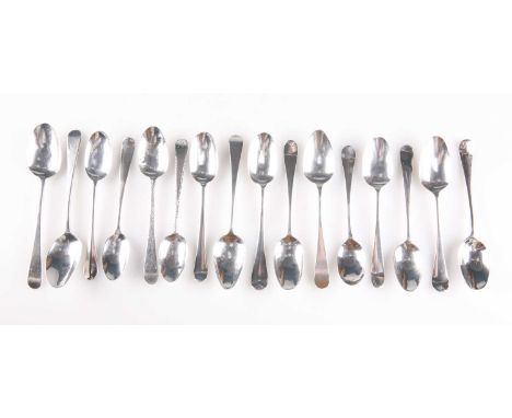 SIXTEEN ASSORTED SILVER TEASPOONS, 18TH CENTURY including two Hanoverian rat-tail examples, one scroll picture-back, three ex