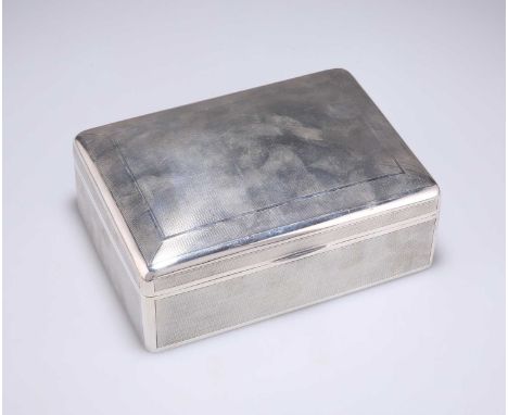 A GEORGE V LARGE ENGINE-TURNED SILVER CIGAR BOX maker's mark rubbed, Birmingham 1912, rectangular with hinged cover and wood-