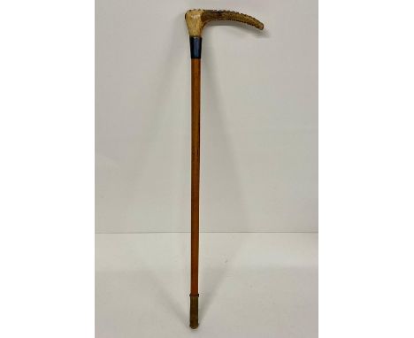 Callow &amp; Son Park Lane London riding crop with antler and Callow button, silver collar hallmarked for London 1905