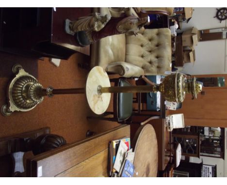Large and heavy onyx and brass oil lamp