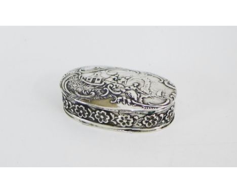 A German Hanau silver snuff box, the oval hinged lid with pagoda and figures by the river, 5cm long 