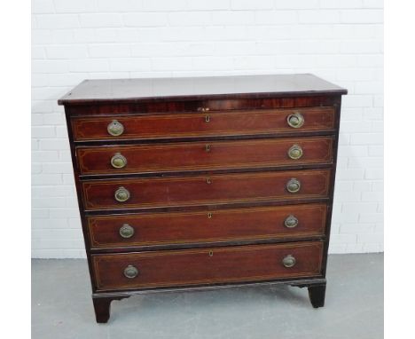 A mahogany and inlaid chest, the rectangular top over five long graduating drawers, raised on bracket supports 118 x 122cm 