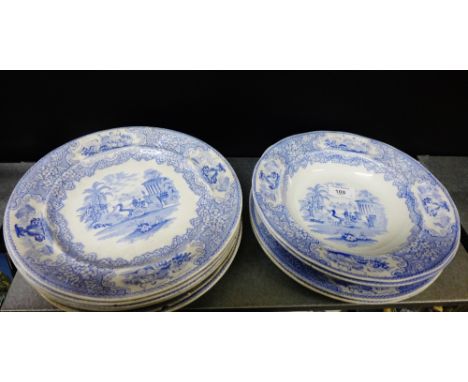 A collection of Scottish pottery blue and white 'Triumphal Car' patterned plates and bowls by J & M.P. Bell & Co (10) 